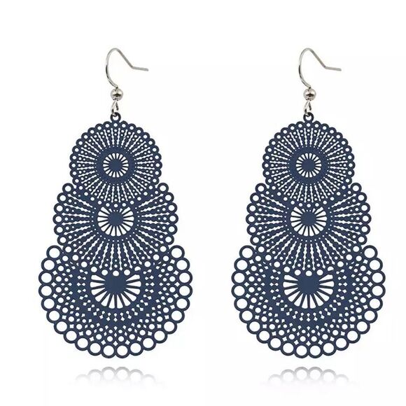 Vintage Style Boho Filigree Tiered Circle Navy Dark Blue Drop Earrings NWT - Picture 8 of 8